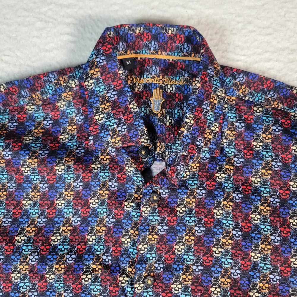 Visconti Black Button Down Shirt Mens Size M Multi Color Skull Print Long Sleeve - Picture 4 of 13